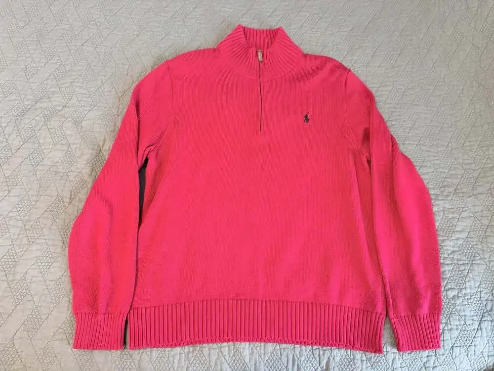 Polo Ralph Lauren Men's 1/4 Half Zip Ribbed Cotton Sweater, Rosette Pink L